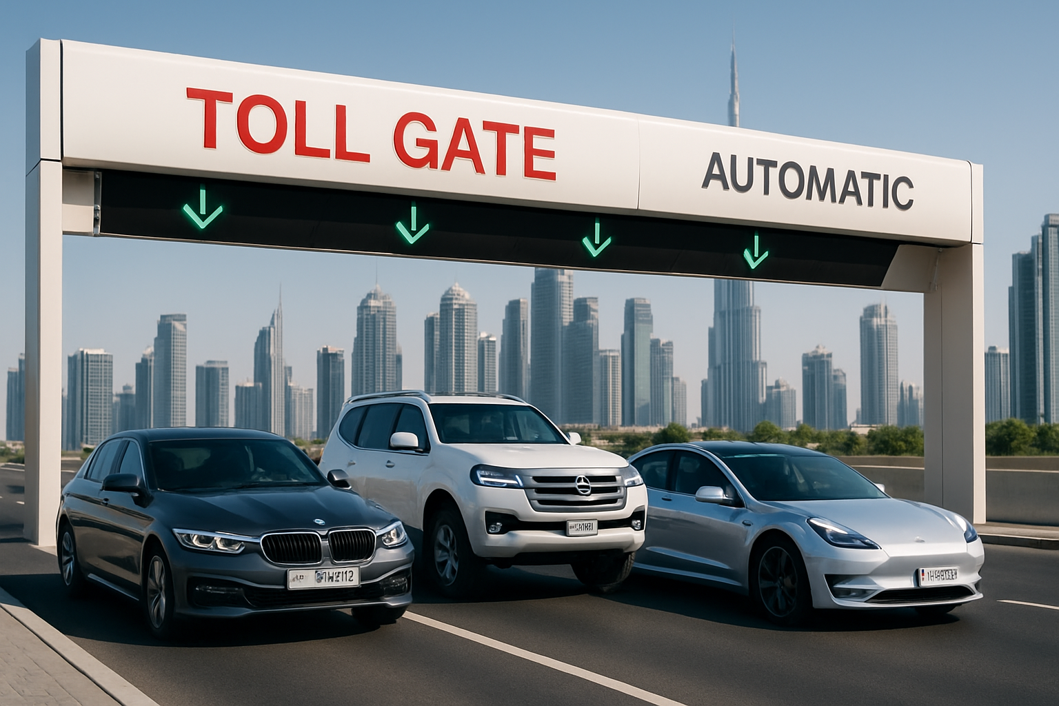 Automatic toll gate in Dubai with modern vehicles passing through