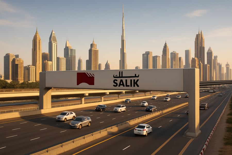 Dubai toll road with city skyline